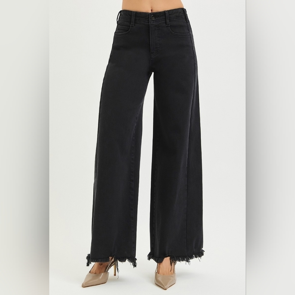 RISEN HR Tummy Control Black Palazzo Jeans Wide Leg Distressed Hems Various NEW - Picture 6 of 13